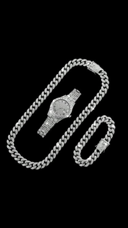 Set Cuban Clasic Silver + Ceas ICEDOUT - Icedout.nm