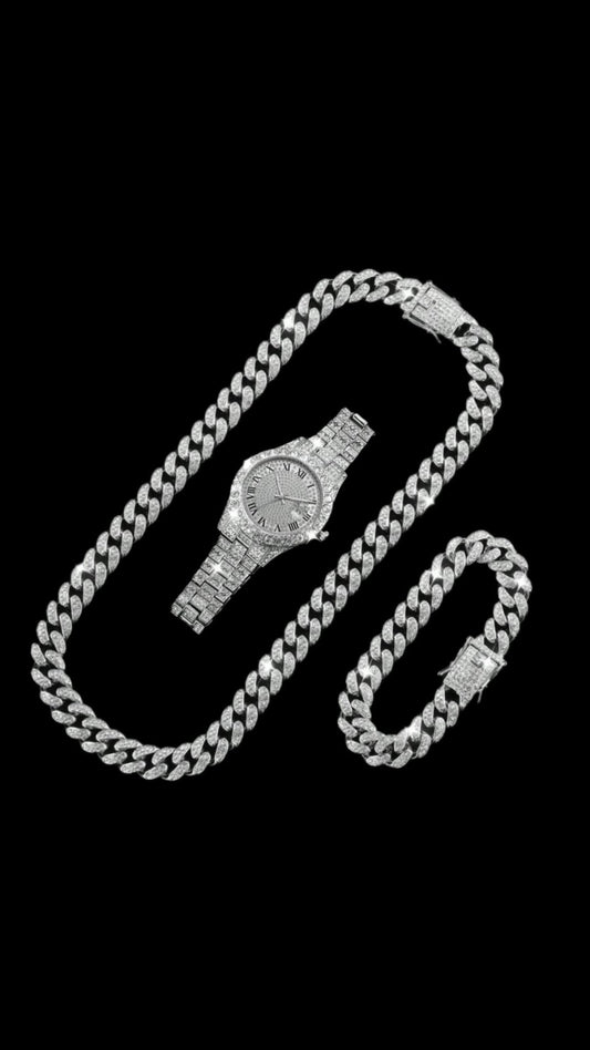 Set Cuban Clasic Silver + Ceas ICEDOUT - Icedout.nm